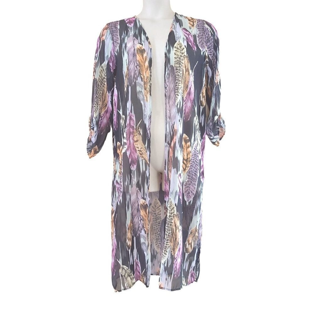 Vision Women's Sheer Multicolor Feather Pattern Open Cardigan